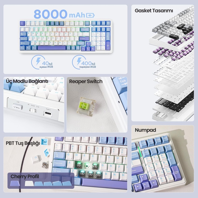 Aula F99 3 Modlu RGB Hot Swap Mekanik Reaper Switch Kablosuz Makrolu Klavye Mavi - 3