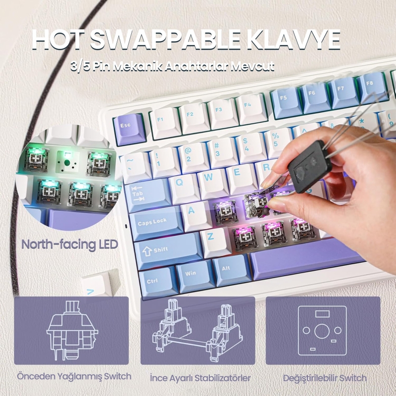 Aula F99 3 Modlu RGB Hot Swap Mekanik Reaper Switch Kablosuz Makrolu Klavye Mavi - 4