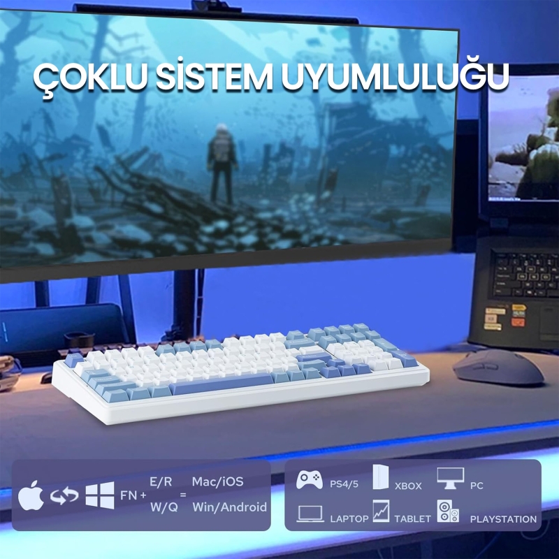 Aula F99 3 Modlu RGB Hot Swap Mekanik Reaper Switch Kablosuz Makrolu Klavye Mavi - 7