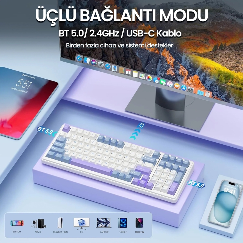 Aula F99 3 Modlu RGB Hot Swap Mekanik Reaper Switch Kablosuz Makrolu Klavye Mavi - 5