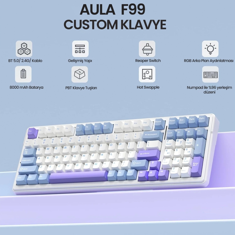 Aula F99 3 Modlu RGB Hot Swap Mekanik Reaper Switch Kablosuz Makrolu Klavye Mavi - 5