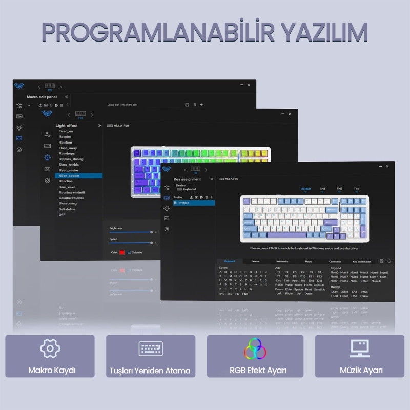 Aula F99 3 Modlu RGB Hot Swap Mekanik Reaper Switch Kablosuz Makrolu Klavye Mavi - 7