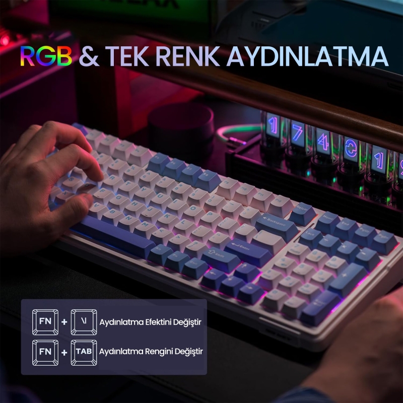 Aula F99 3 Modlu RGB Hot Swap Mekanik Reaper Switch Kablosuz Makrolu Klavye Mavi - 10