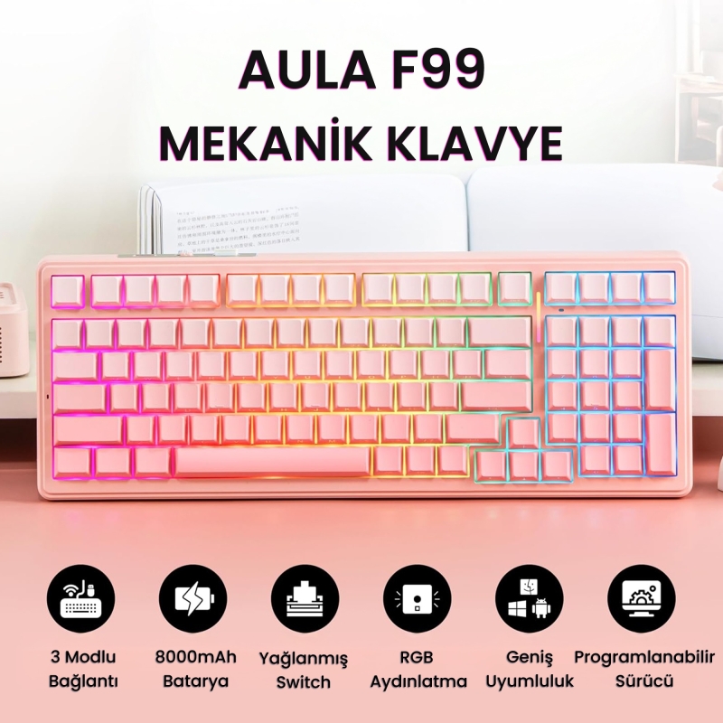 Aula F99 Mekanik RGB Dream Sakura Switch 3 Modlu Kablosuz Makrolu Hot Swap Klavye Gradyan Pembe - 2