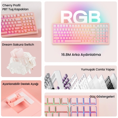 Aula F99 Mekanik RGB Dream Sakura Switch 3 Modlu Kablosuz Makrolu Hot Swap Klavye Gradyan Pembe - 3