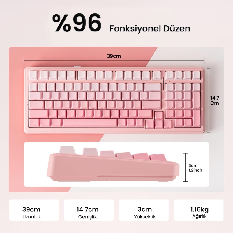 Aula F99 Mekanik RGB Dream Sakura Switch 3 Modlu Kablosuz Makrolu Hot Swap Klavye Gradyan Pembe - 7