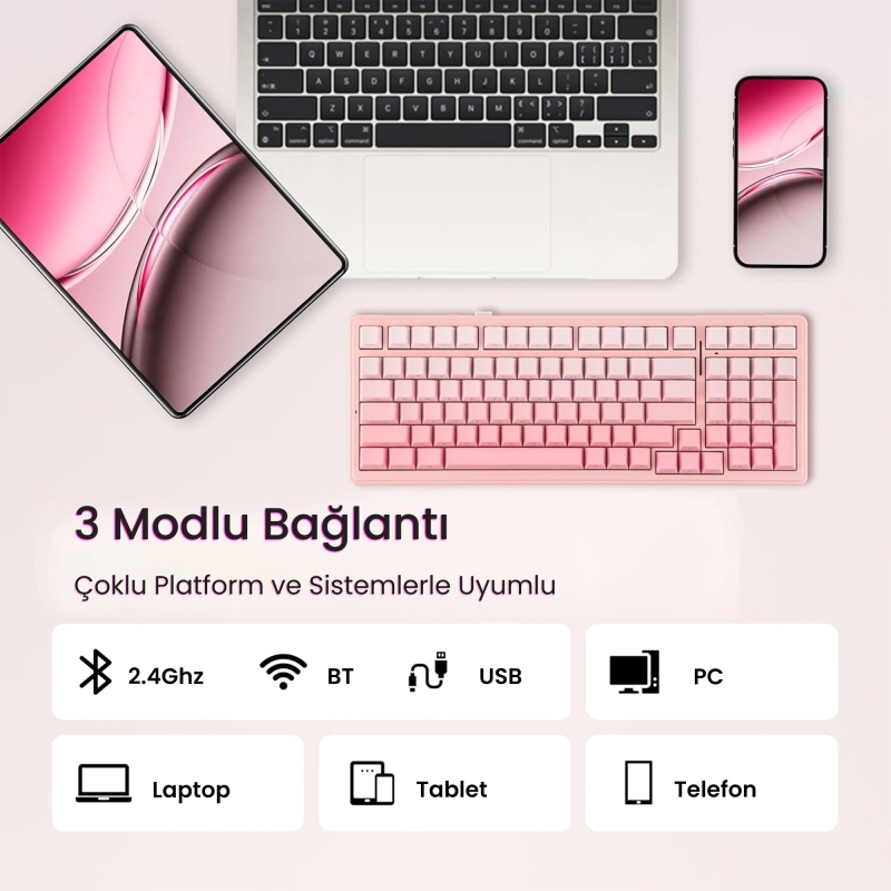 Aula F99 Mekanik RGB Dream Sakura Switch 3 Modlu Kablosuz Makrolu Hot Swap Klavye Gradyan Pembe - 5