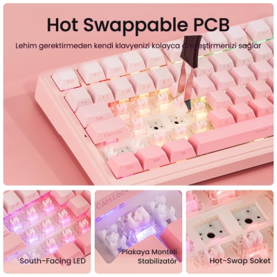 Aula F99 Mekanik RGB Dream Sakura Switch 3 Modlu Kablosuz Makrolu Hot Swap Klavye Gradyan Pembe - 6