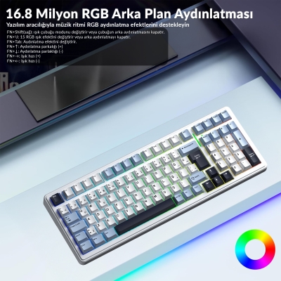 Aula F99 Mekanik RGB GrayWood V4 Switch 3 Modlu Kablosuz Makrolu Hot Swap Türkçe Q Klavye Lacivert - 5