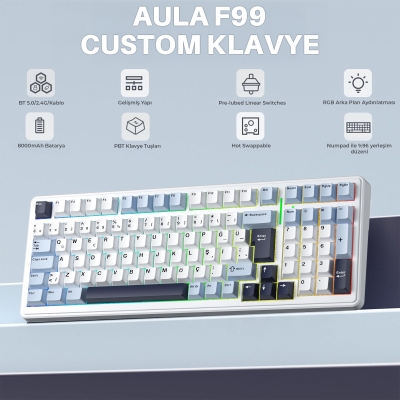 Aula F99 Mekanik RGB GrayWood V4 Switch 3 Modlu Kablosuz Makrolu Hot Swap Türkçe Q Klavye Lacivert - 2
