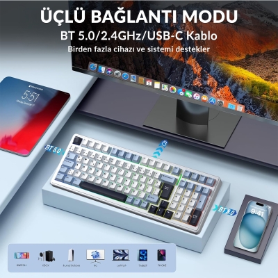 Aula F99 Mekanik RGB GrayWood V4 Switch 3 Modlu Kablosuz Makrolu Hot Swap Türkçe Q Klavye Lacivert - 3