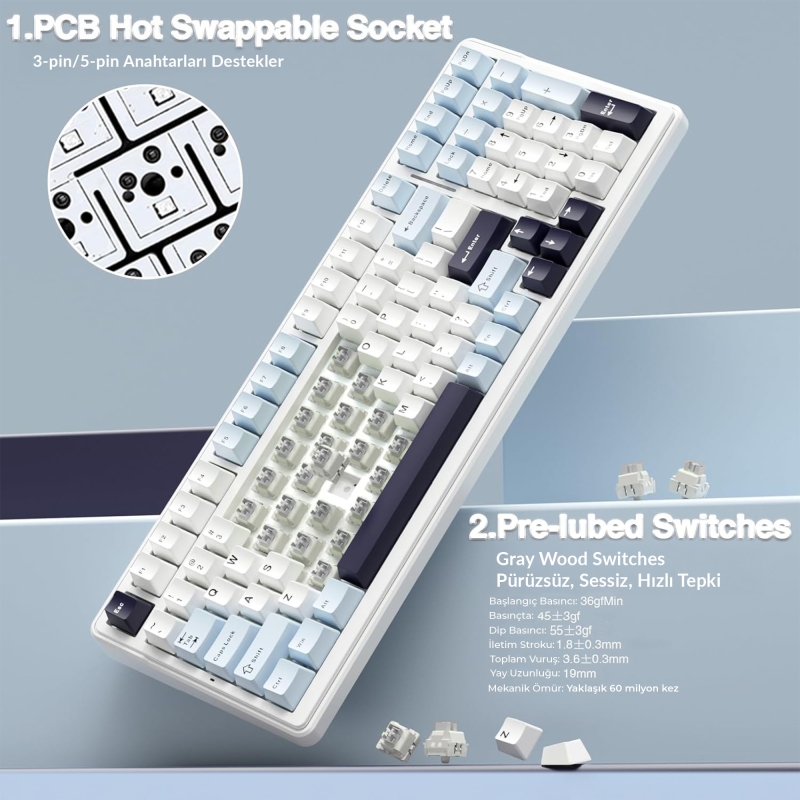 Aula F99 Mekanik RGB GrayWood V4 Switch 3 Modlu Kablosuz Makrolu Hot Swap Türkçe Q Klavye Lacivert - 6