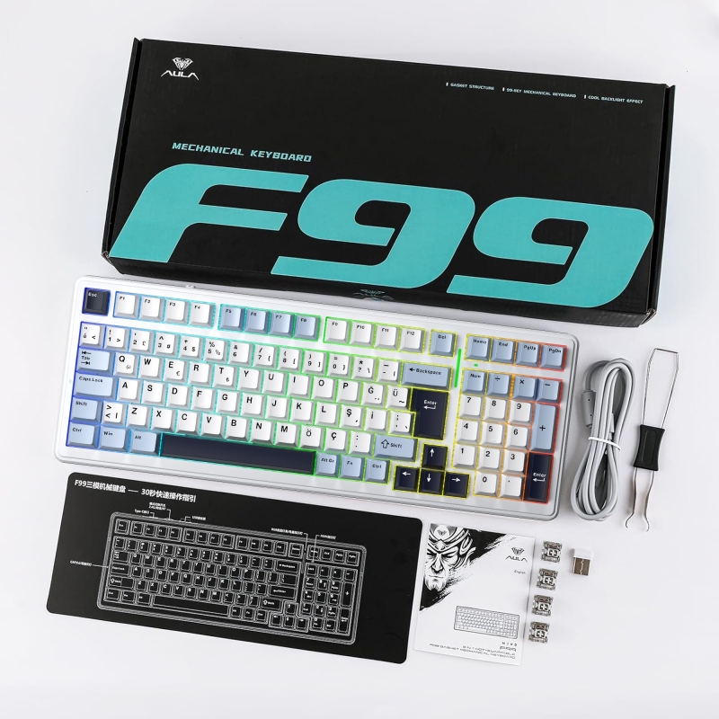 Aula F99 Mekanik RGB GrayWood V4 Switch 3 Modlu Kablosuz Makrolu Hot Swap Türkçe Q Klavye Lacivert - 9