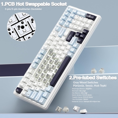 Aula F99 Mekanik RGB GrayWood V4 Switch 3 Modlu Kablosuz Makrolu Hot Swap Türkçe Q Klavye Lacivert - 6
