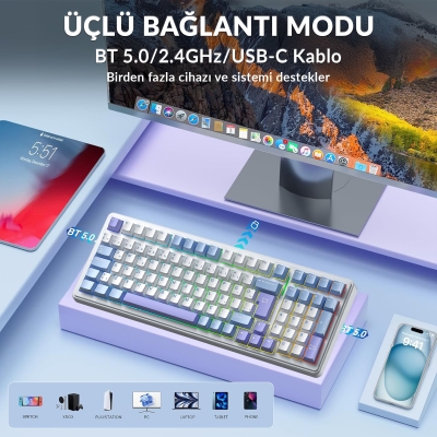 Aula F99 Mekanik RGB GrayWood V4 Switch 3 Modlu Kablosuz Makrolu Hot Swap Türkçe Q Klavye Mavi - 3