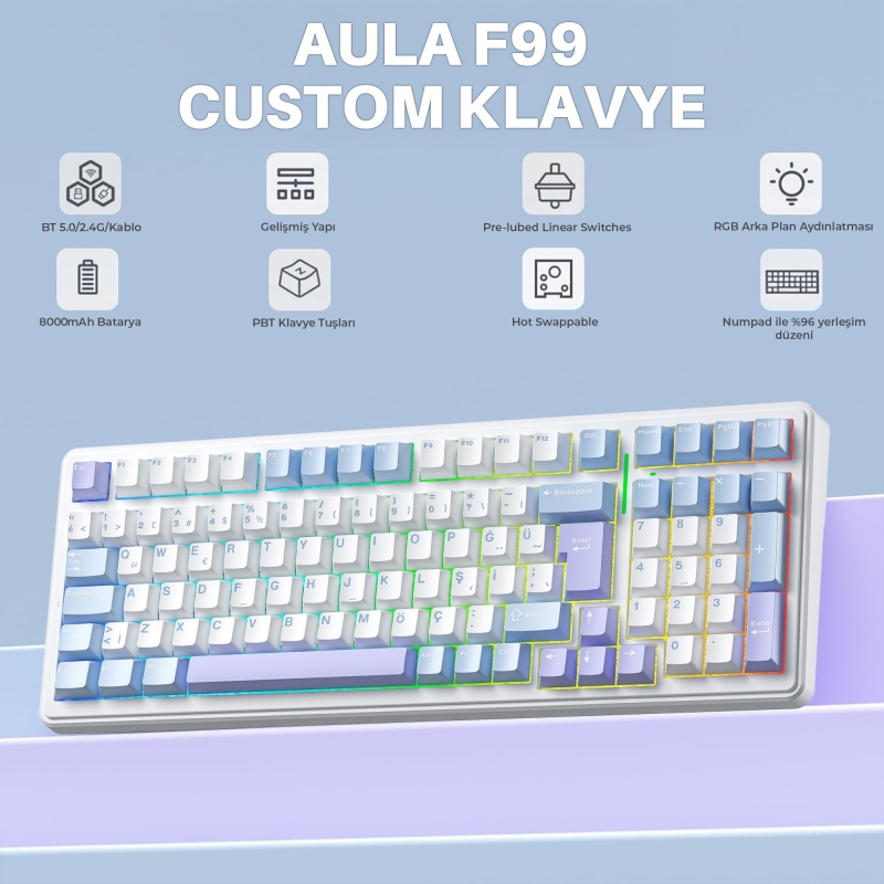 Aula F99 Mekanik RGB GrayWood V4 Switch 3 Modlu Kablosuz Makrolu Hot Swap Türkçe Q Klavye Mavi - 2
