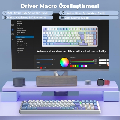 Aula F99 Mekanik RGB GrayWood V4 Switch 3 Modlu Kablosuz Makrolu Hot Swap Türkçe Q Klavye Mavi - 4