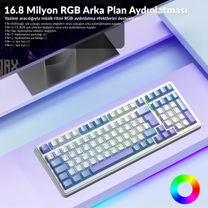 Aula F99 Mekanik RGB GrayWood V4 Switch 3 Modlu Kablosuz Makrolu Hot Swap Türkçe Q Klavye Mavi - 5