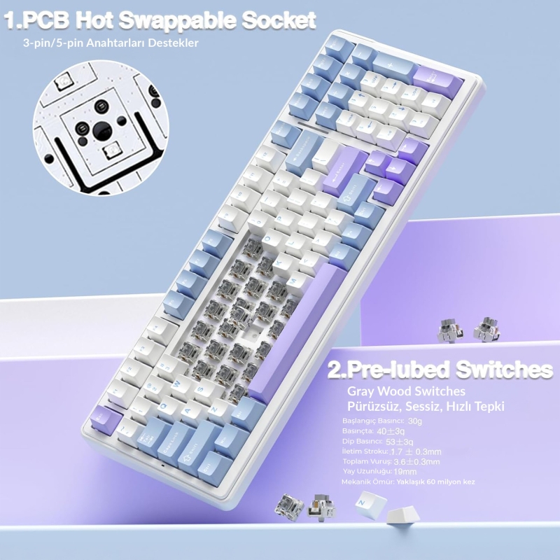 Aula F99 Mekanik RGB GrayWood V4 Switch 3 Modlu Kablosuz Makrolu Hot Swap Türkçe Q Klavye Mavi - 6