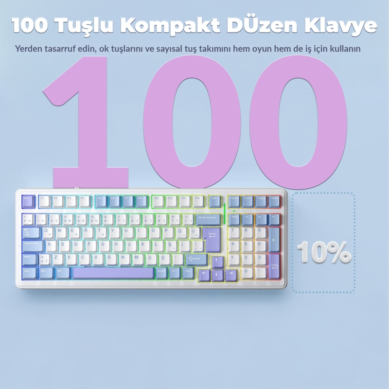 Aula F99 Mekanik RGB GrayWood V4 Switch 3 Modlu Kablosuz Makrolu Hot Swap Türkçe Q Klavye Mavi - 8