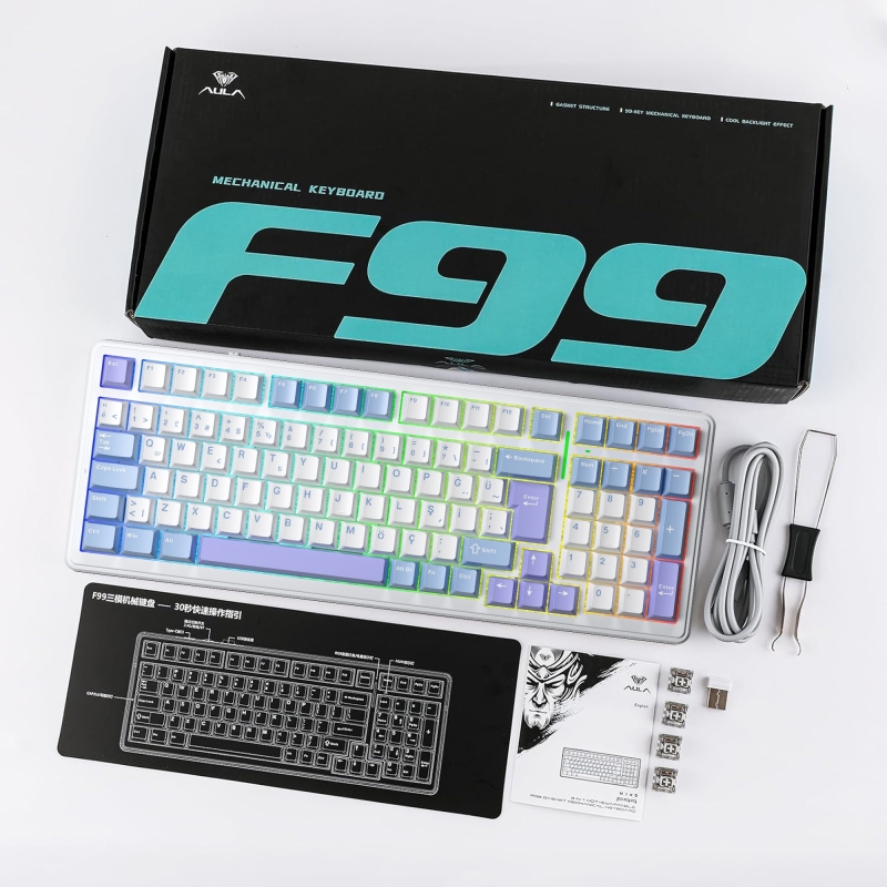 Aula F99 Mekanik RGB GrayWood V4 Switch 3 Modlu Kablosuz Makrolu Hot Swap Türkçe Q Klavye Mavi - 9