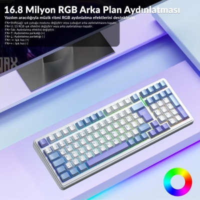 Aula F99 Mekanik RGB GrayWood V4 Switch 3 Modlu Kablosuz Makrolu Hot Swap Türkçe Q Klavye Mavi - 5