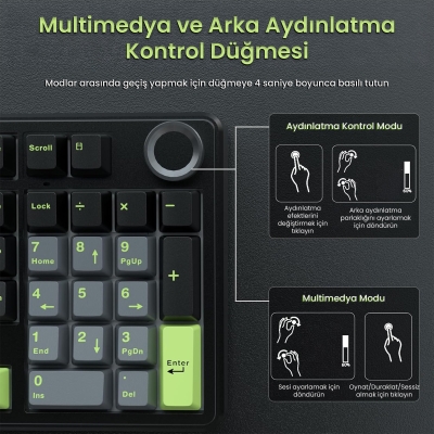 Aula F99 Pro 3 Modlu RGB Hot Swap Mekanik GrayWood V3 Switch Kablosuz Makrolu Klavye Yeşil - 5