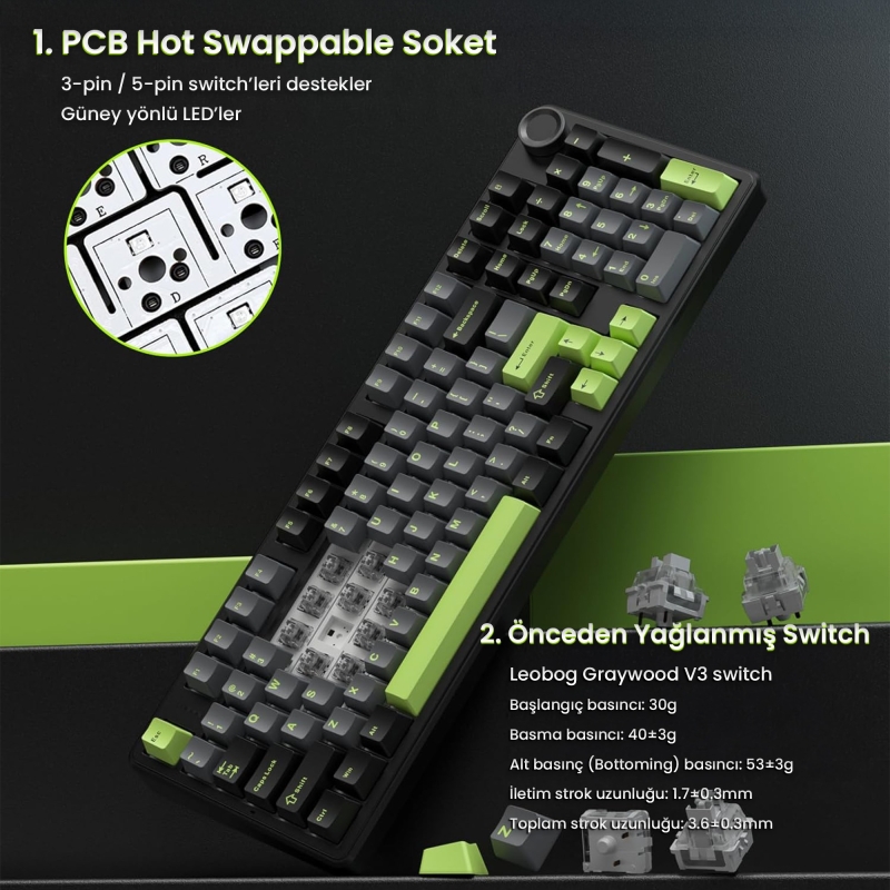 Aula F99 Pro 3 Modlu RGB Hot Swap Mekanik GrayWood V3 Switch Kablosuz Makrolu Klavye Yeşil - 8