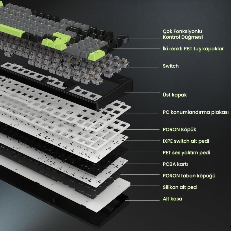Aula F99 Pro 3 Modlu RGB Hot Swap Mekanik GrayWood V3 Switch Kablosuz Makrolu Klavye Yeşil - 7