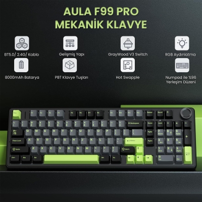 Aula F99 Pro 3 Modlu RGB Hot Swap Mekanik GrayWood V3 Switch Kablosuz Makrolu Klavye Yeşil - 2
