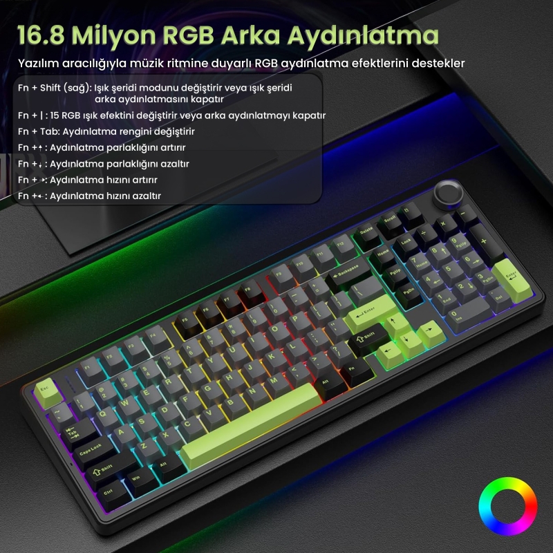 Aula F99 Pro 3 Modlu RGB Hot Swap Mekanik GrayWood V3 Switch Kablosuz Makrolu Klavye Yeşil - 4