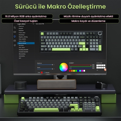 Aula F99 Pro 3 Modlu RGB Hot Swap Mekanik GrayWood V3 Switch Kablosuz Makrolu Klavye Yeşil - 6