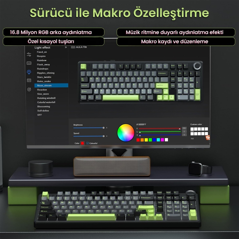 Aula F99 Pro 3 Modlu RGB Hot Swap Mekanik GrayWood V3 Switch Kablosuz Makrolu Klavye Yeşil - 6