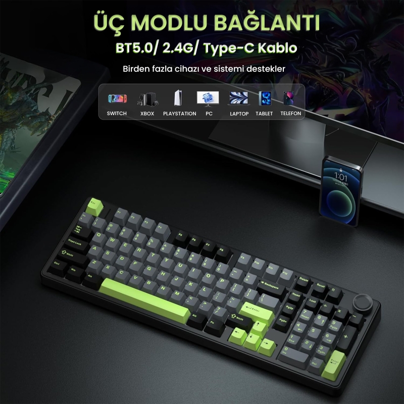 Aula F99 Pro 3 Modlu RGB Hot Swap Mekanik GrayWood V3 Switch Kablosuz Makrolu Klavye Yeşil - 3