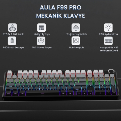 Aula F99 Pro 3 Modlu RGB Hot Swap Mekanik Nimbus V3 Switch Kablosuz Makrolu Klavye Gradyan Gri - 2