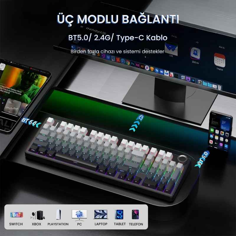 Aula F99 Pro 3 Modlu RGB Hot Swap Mekanik Nimbus V3 Switch Kablosuz Makrolu Klavye Gradyan Gri - 3