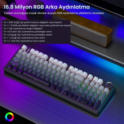 Aula F99 Pro 3 Modlu RGB Hot Swap Mekanik Nimbus V3 Switch Kablosuz Makrolu Klavye Gradyan Gri - 4