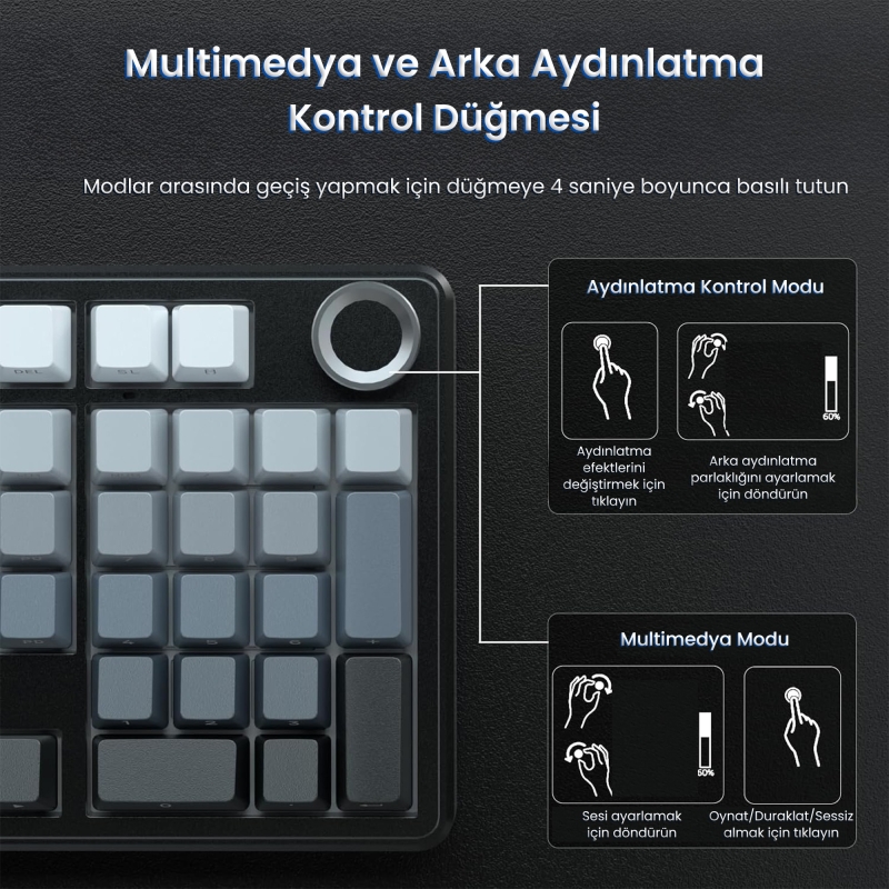 Aula F99 Pro 3 Modlu RGB Hot Swap Mekanik Nimbus V3 Switch Kablosuz Makrolu Klavye Gradyan Gri - 5