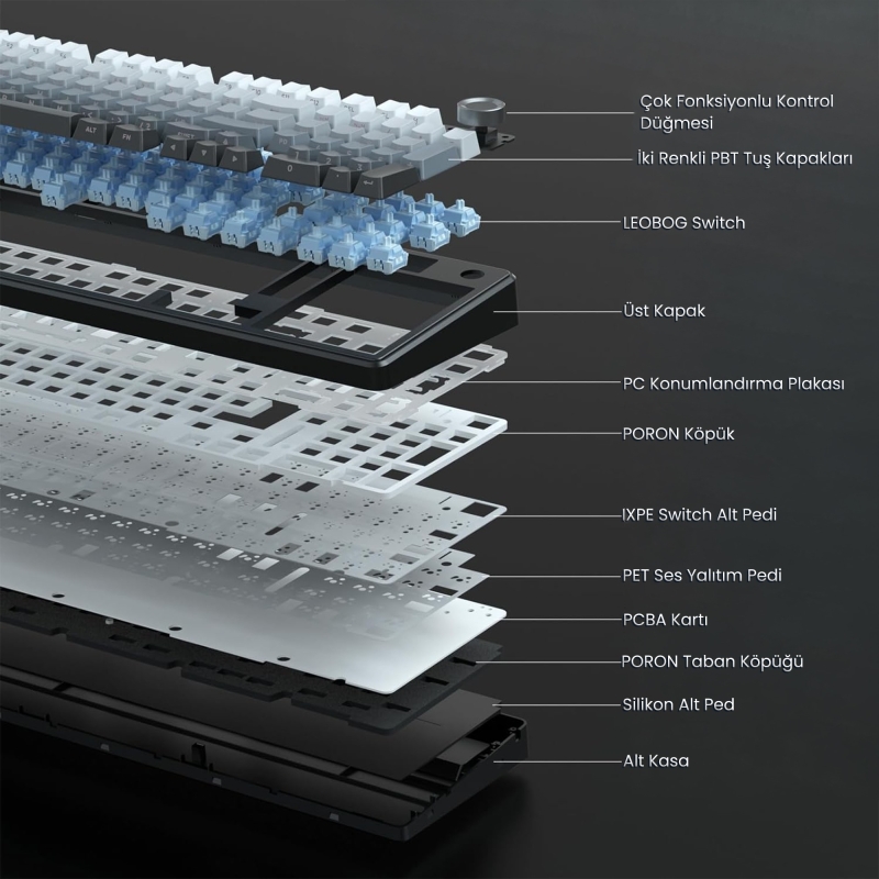 Aula F99 Pro 3 Modlu RGB Hot Swap Mekanik Nimbus V3 Switch Kablosuz Makrolu Klavye Gradyan Gri - 6