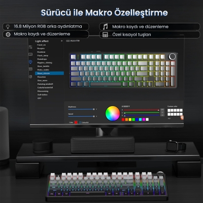 Aula F99 Pro 3 Modlu RGB Hot Swap Mekanik Nimbus V3 Switch Kablosuz Makrolu Klavye Gradyan Gri - 8