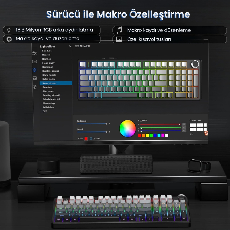 Aula F99 Pro 3 Modlu RGB Hot Swap Mekanik Nimbus V3 Switch Kablosuz Makrolu Klavye Gradyan Gri - 8