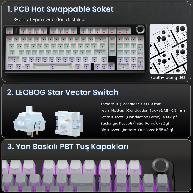 Aula F99 Pro 3 Modlu RGB Hot Swap Mekanik Nimbus V3 Switch Kablosuz Makrolu Klavye Gradyan Gri - 7