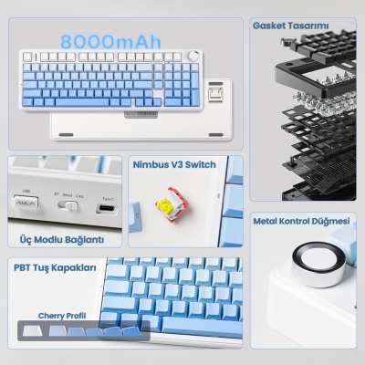 Aula F99 Pro 3 Modlu RGB Hot Swap Mekanik Nimbus V3 Switch Kablosuz Makrolu Klavye Gradyan Mavi - 2