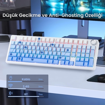 Aula F99 Pro 3 Modlu RGB Hot Swap Mekanik Nimbus V3 Switch Kablosuz Makrolu Klavye Gradyan Mavi - 4