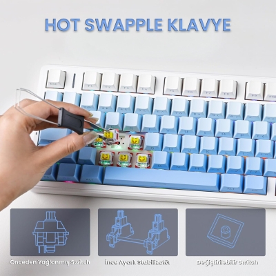 Aula F99 Pro 3 Modlu RGB Hot Swap Mekanik Nimbus V3 Switch Kablosuz Makrolu Klavye Gradyan Mavi - 6