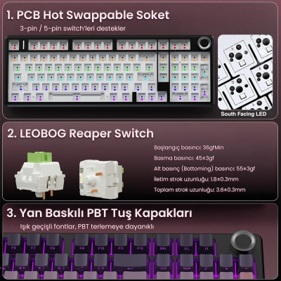 Aula F99 Pro 3 Modlu RGB Hot Swap Mekanik Reaper Switch Kablosuz Makrolu Klavye Gradyan Pembe - 8