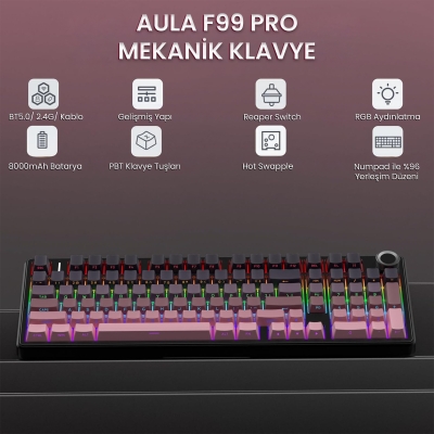 Aula F99 Pro 3 Modlu RGB Hot Swap Mekanik Reaper Switch Kablosuz Makrolu Klavye Gradyan Pembe - 2