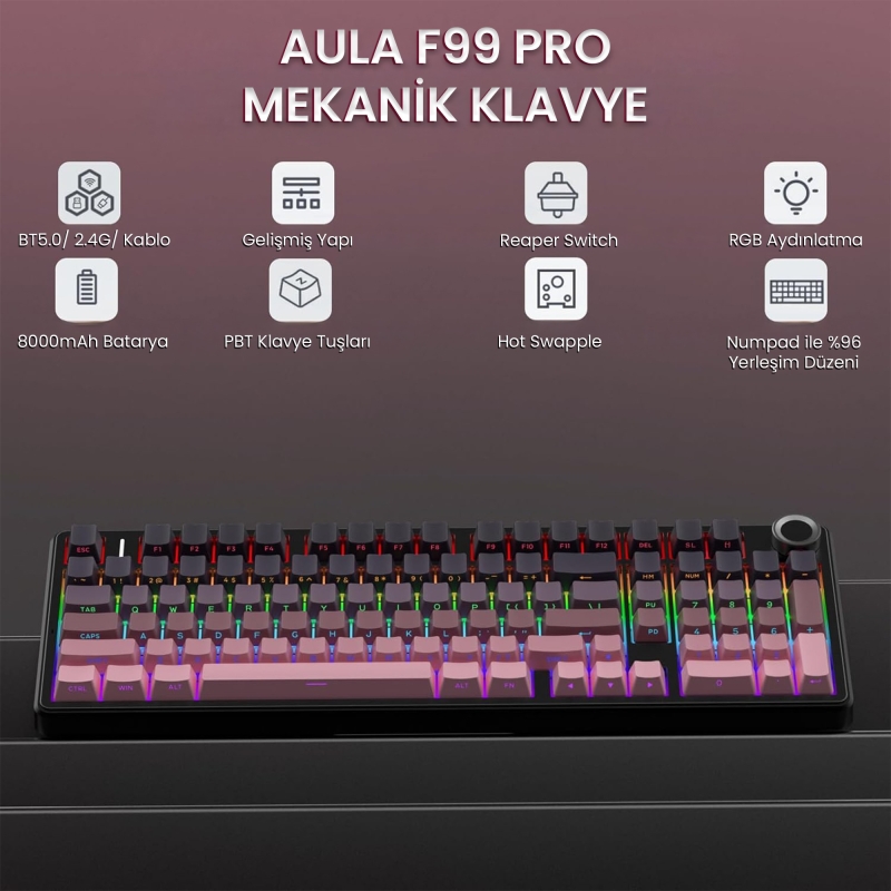 Aula F99 Pro 3 Modlu RGB Hot Swap Mekanik Reaper Switch Kablosuz Makrolu Klavye Gradyan Pembe - 2