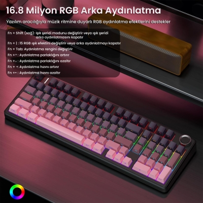 Aula F99 Pro 3 Modlu RGB Hot Swap Mekanik Reaper Switch Kablosuz Makrolu Klavye Gradyan Pembe - 4