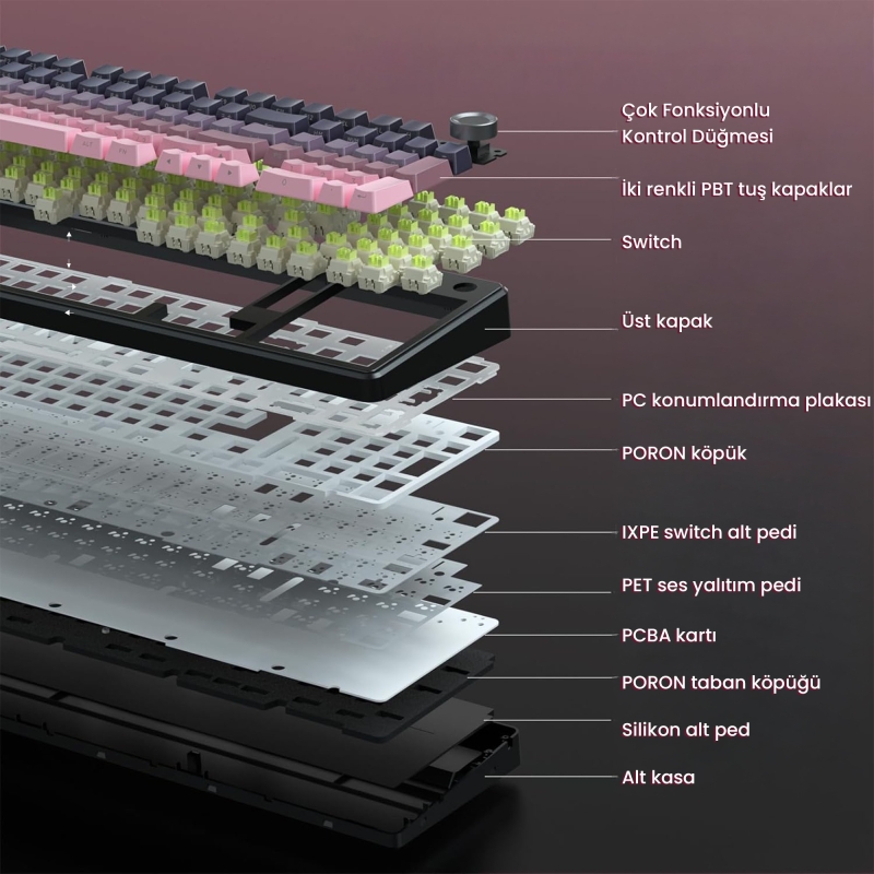 Aula F99 Pro 3 Modlu RGB Hot Swap Mekanik Reaper Switch Kablosuz Makrolu Klavye Gradyan Pembe - 7